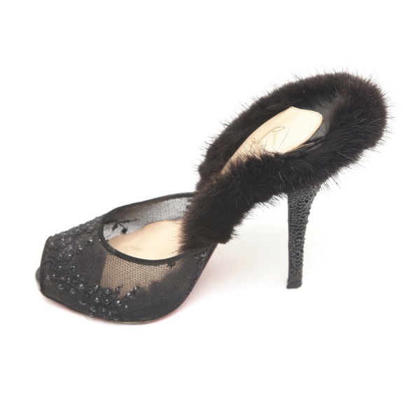 CHRISTIAN LOUBOUTIN Black Mule NUTRIA 120 Fur Crystals Lace Netting Leather 38.5 - Picture 4 of 10
